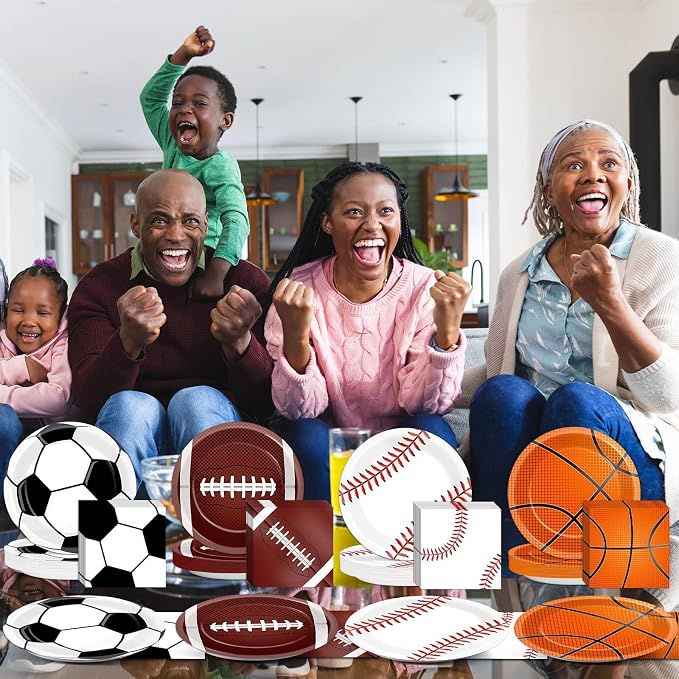 Lonfliness 96 Pcs Sports Party Decoration Sport Plates and Napkins Basketball Football Baseball Dessert Cake Tableware Supplies Rugby Theme Activities Game Disposable Paper Party Dinnerware Favor