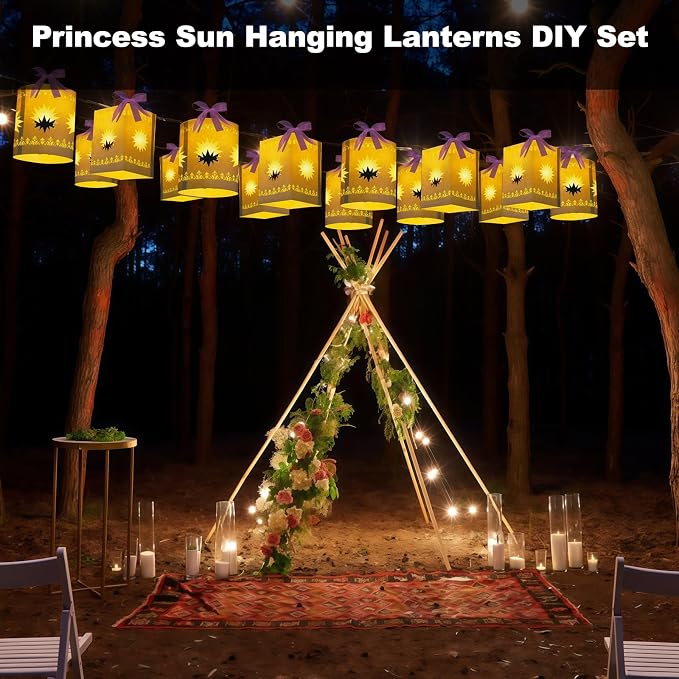 20 Pcs DIY Hanging Lanterns with String Light, Sun-Shaped Thickened Paper Cutout Lantern for Home Yard Decor, Suitable for Princess Girls Birthday Party Wedding Festival Decorations