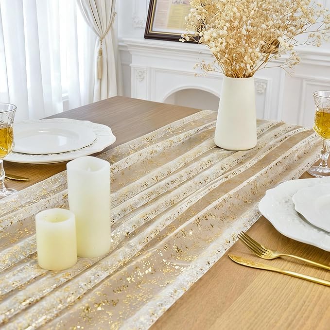 FEXIA 2Pcs Ramadan Decor Table Runner, Gold Glitter Table Runner for Wedding Table Decor, Spring Party Decorations, Elegant Dining Table Centerpiece for Eid Celebrations, Ivory Gold
