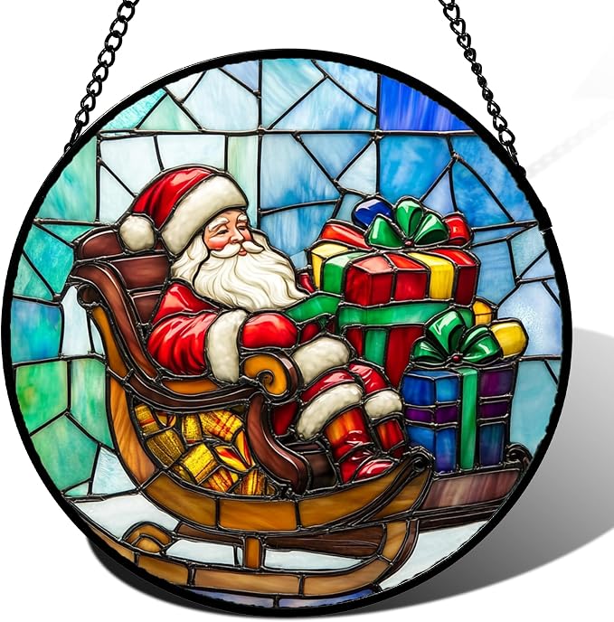 DASTOLL Stained Glass Window Hanging - Santa Claus Gift BoxSuncatcher for Doors Home Christmas Decoration Winter Sun Catcher Thanksgiving New Year Birthday Gift for Women Men Mom Nana 11.8 in