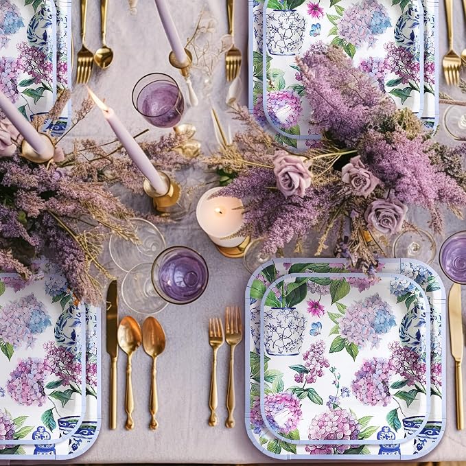 Umigy 100 Pcs Paper Plates Flower Dinner 9'' Floral Disposable Paper Plates 7'' Square Dessert Set for Dinner Birthday Wedding Baby Shower Party Tableware(Soft Color,Hydrangeas)