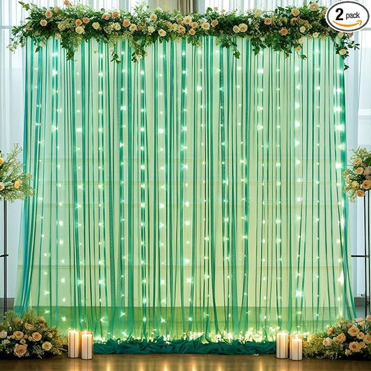 10ft x 8ft Hunter Green Tulle Photo Backdrop Curtain with Lights String for Christmas Party Sheer Curtain Backdrop Drapes for Birthday Party Holiday Wedding Photo Booth Background Room Decorations