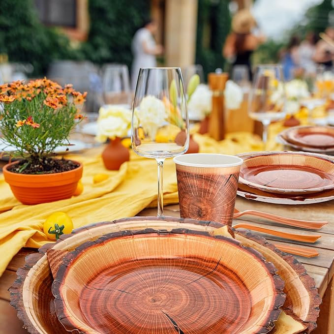 FillTouch 350 Pcs Wood Grain Fall Paper Plates Hunting Camping Party Supplies Rustic Autumn Disposable Napkins Cups Cutlery Knives Fork Spoons for 50 Guests Autumn Harvest Thanksgiving Birthday