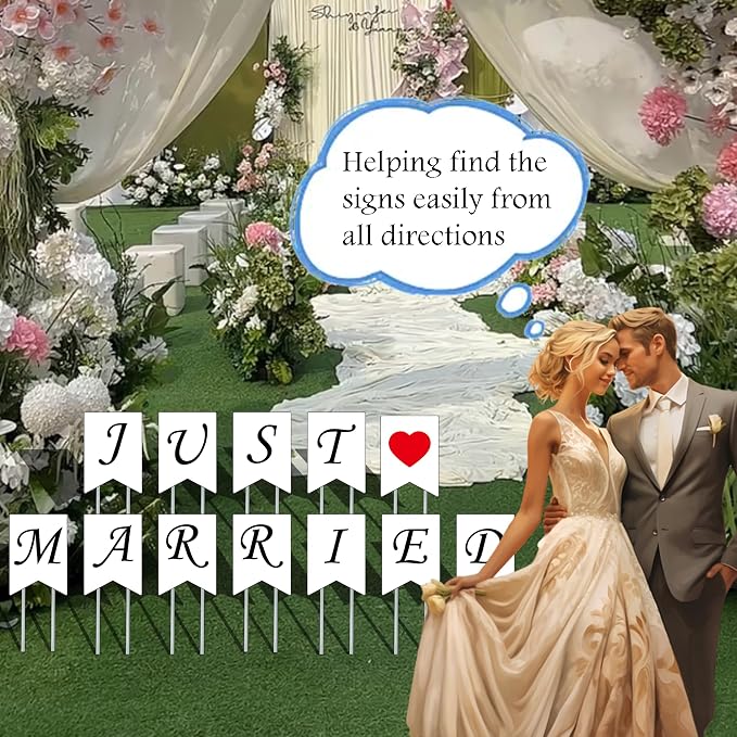 JUST MARRIED Yard Signs with Stakes,13.7x9.8 Inches Wedding Outdoor Lawn Signs,Patio Decorations, Garden Lawn Decorations for Anniversary
