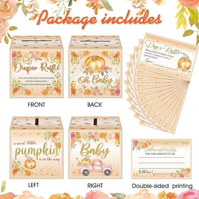 Teling 51 Pieces Diaper Raffle Tickets with Card Box Baby Shower Decorations Baby Shower Holder Box for Girl Boy Diaper Raffle Party(Pumpkin)