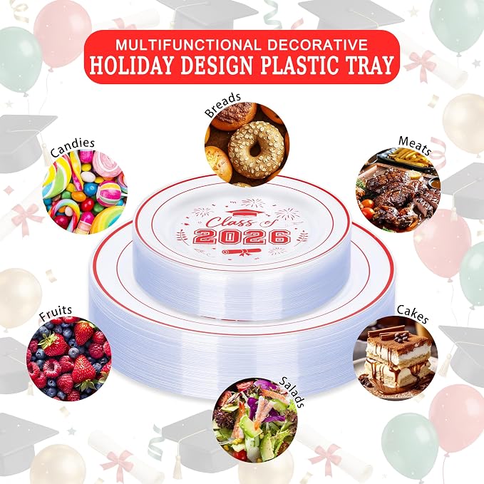150 Pcs 2026 Graduation Plastic Plates with Disposable Silverware Serves 30 Guests, Red Clear Graduation Disposable Plates Including 30 Dinner&Dessert Plates, Cups, Napkins, Gold Forks for Party