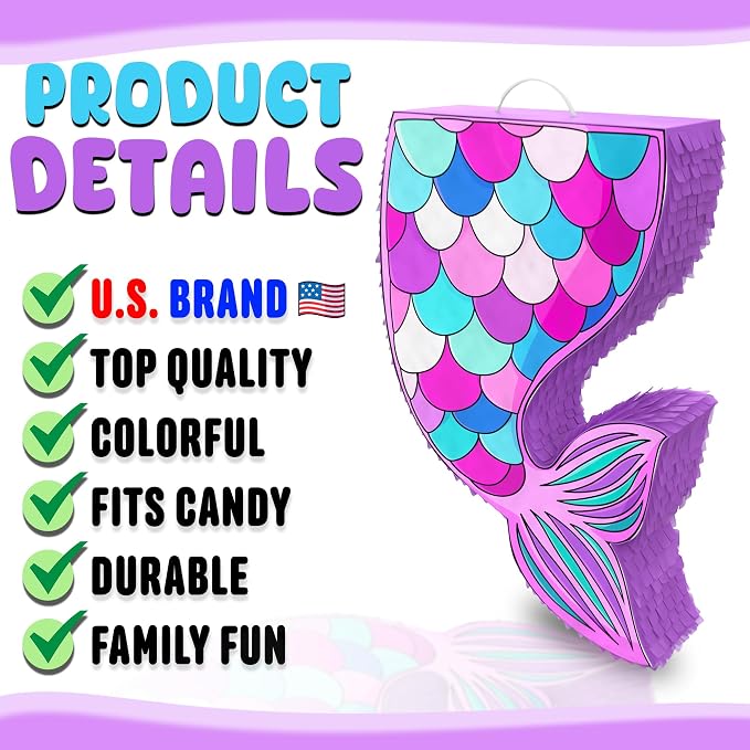Jergrim Mermaid Piñata Tail For Birthday Girl Decorations, Small 4 Piece Set, Great For Sea Mermaid Party Mermaid Birthday Decorations, Ocean Sirenita Theme Party Supplies Fits Piñata Candy/Favors