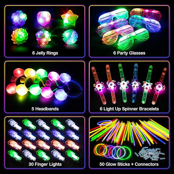 Mocoosy 103PCS Glow in the Dark Party Supplies, Light Up Party Favors for Kids, Halloween Carnival Neon Toys Bulk Party Pack With Glow Sticks, Glasses, LED Bracelets, Finger Lights, Ring, Headbands