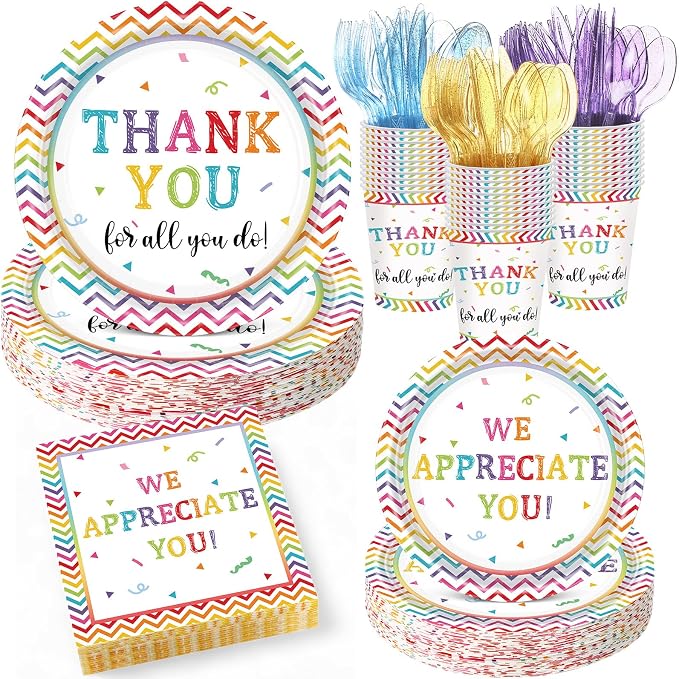 Pickmesh 400 Pcs Thank You Party Plates and Napkin Decoration We Appreciate You Paper Tableware Cups Knives Employee Staff Appreciation Teacher Doctor Party Decor Serve 50