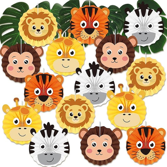 20 Pcs Jungle Animal Hanging Paper Fans Decorations, 12 Inches, Jungle Safari Animal Theme Paper Fan Ceiling Decoration for Safari Wild Zoo Baby Shower Birthday Party Decor