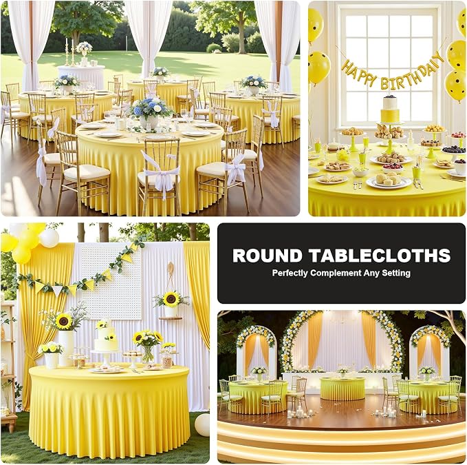 2 Pack Yellow 72 inch Round Spandex Tablecloth, Washable Stretchy Fitted 6FT Round Tables,Elastic Edge with Skirt, Wrinkle-Free Table Cloths for Wedding Banquet Party Birthday Buffet