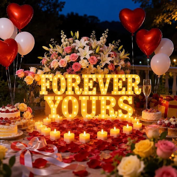 FOREVER YOURS Light up Letters, Include Tea Lights Candles, Latex Balloons, Aluminum Balloons and Rose Petals, Special Festival, Surprise Gifts for Women and Men