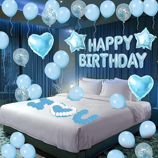 Blue Happy Birthday Balloons Decorations Light Blue Birthday Balloon Letters Banner with Star Heart Balloons 1000 Pcs Artificial Rose Petals 24 Flameless LED Candles for Hotel Birthday Party Supplies