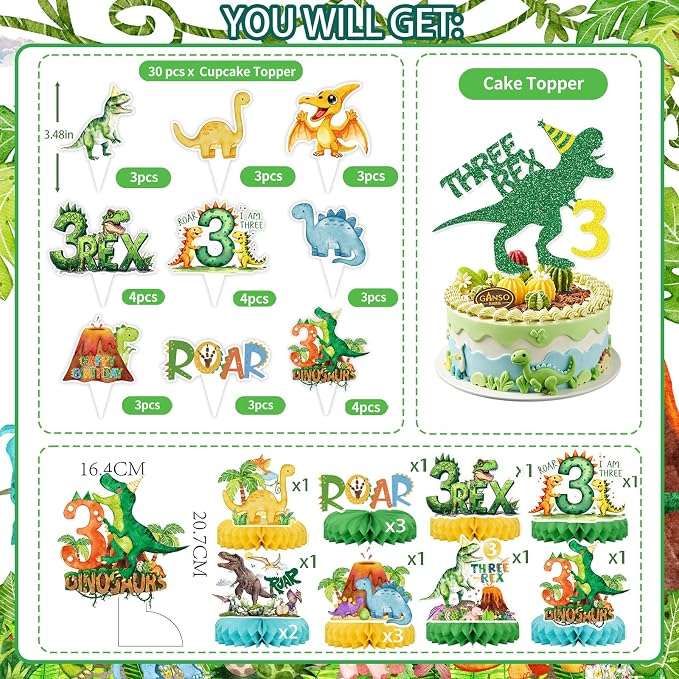 Three Rex Bday Decorations for Boys Dinosaur 3rd Bday Party Supplies Pre-strung Banners T-rex 3 Rex Dino Tableware Honeycomb Centerpieces Talbelcoth Hanging Swirls Cupcake Topper Balloons Serve 25