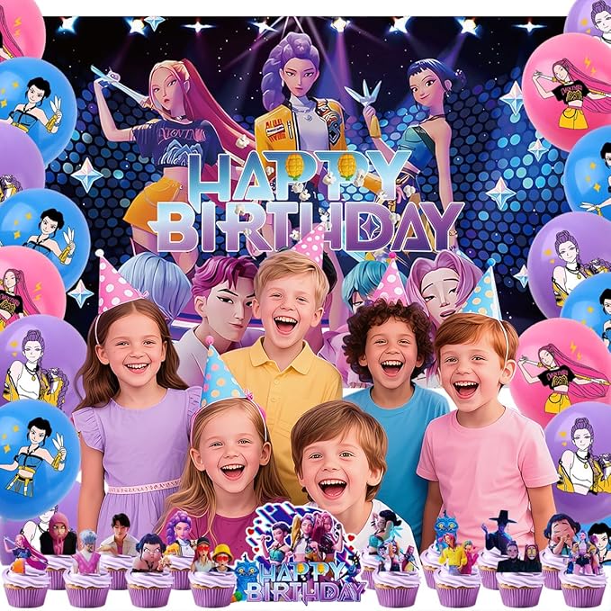 Cartoon Birthday Party Supplies, Cute Anime Party Decorations Set Include Banner, Cake Topper, Cake Cupcake Toppers, Backdrop, Balloons for Movies Theme Party