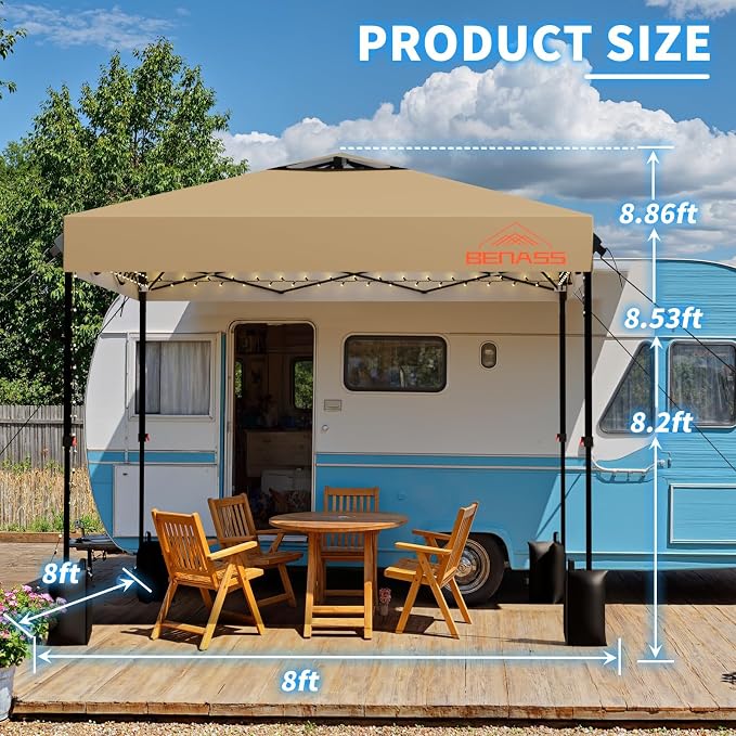 8x8 Pop Up Canopy, Easy Up Canopy Tent, Heavy Duty Tents for Parties, One Person Easy Set Up Event Tent, Khaki