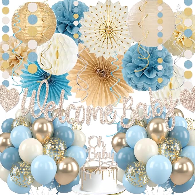 Light-Dusty Blue Boho Baby Shower Decorations, 69pcs Beige Champagne Boy Neutral Welcome Baby Banner Décor With Sand White Ice Blue Balloons Paper Lanterns Pom Poms Fan Baby Shower Party Wall Backdrop