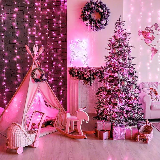 100 LED Pink String Lights Indoor Valentines Day Decorations, 33 FT Valentines Day Lights Waterproof with 8 Modes, Clear Wire Pink Fairy Lights Plug in for Valentine Day Wedding Party Bedroom Decor