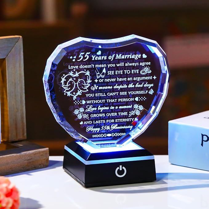 Arikyrist 55th Wedding Anniversary Crystal Heart Gifts for Couple, Laser Engraved 55 Year Anniversary Crystal Gifts for Wife Husband Parents, Romantic 55 Years of Marriage Gift for Him Her Friends