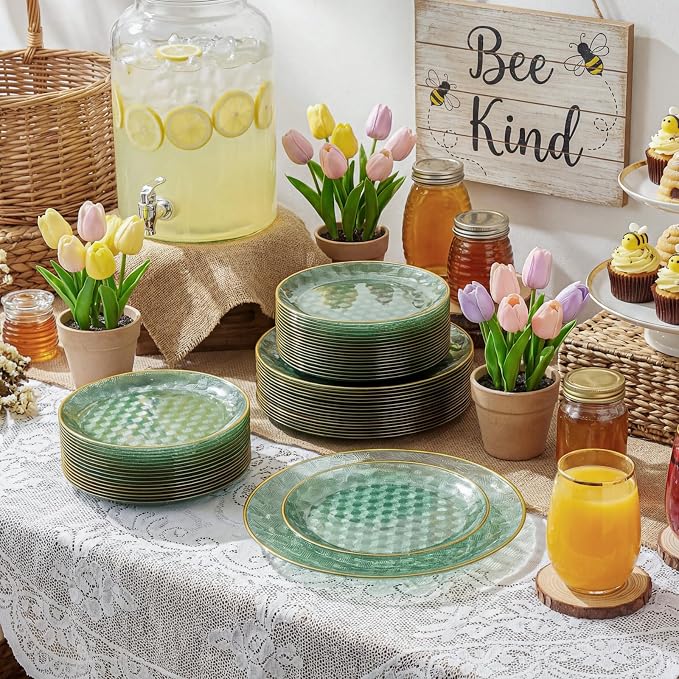 Festiva 60PCS Clear Sage Green Plastic Plates - Heavy Duty Fancy Disposable Plates With Gold Rim -30PCS 10.25" & 30PCS 7.5" Honeycomb Design Plates for Party(Sage Green)