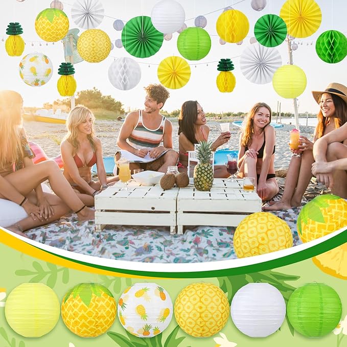 Retisee 18 Pcs Pineapple Party Decoration Yellow Pineapple Hanging Paper Lantern Honeycomb Fans Summer Fruit Honeycomb Ball for Summer Fruit Pineapples Theme Party Ceiling Decor Supplies