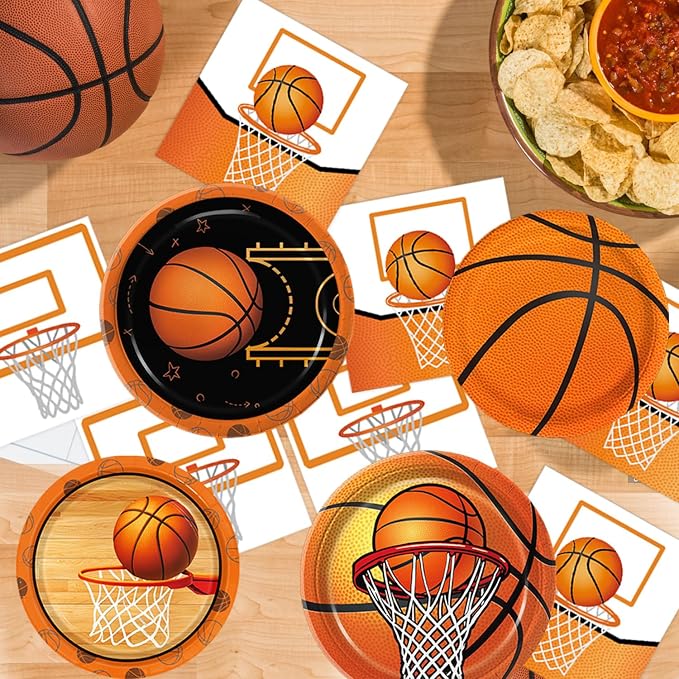 202 PCS Basketball Birthday Party Decorations - Plates, Napkins, Cups, Basket Card, Banner, Balloons, Cake & Cupcake Toppers, Tablecloths, Cutlery for Basketball Party Decorations, Serves 24