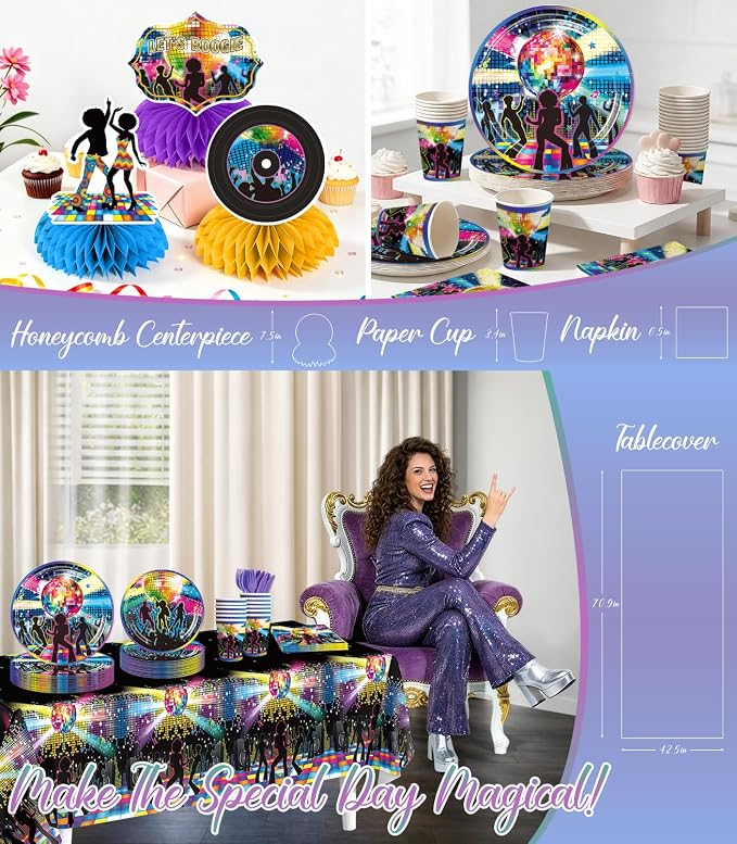 301pcs Disco Party Decorations for 70s, All-in-one 70s Party Decorations for 25 Guests, with No-DIY Banner Thick Plates and Disco Balloon Arch, Disco Photo Booth Props, Easy Setup for 70s Party