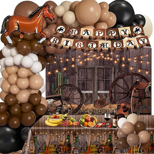 Wild West Cowboy Party Decoration - 164pcs Western Balloons Arch Garland Kit Western Party Tablecloth Backdrop Banner for Baby Shower Birthday Farm Western Cowboy