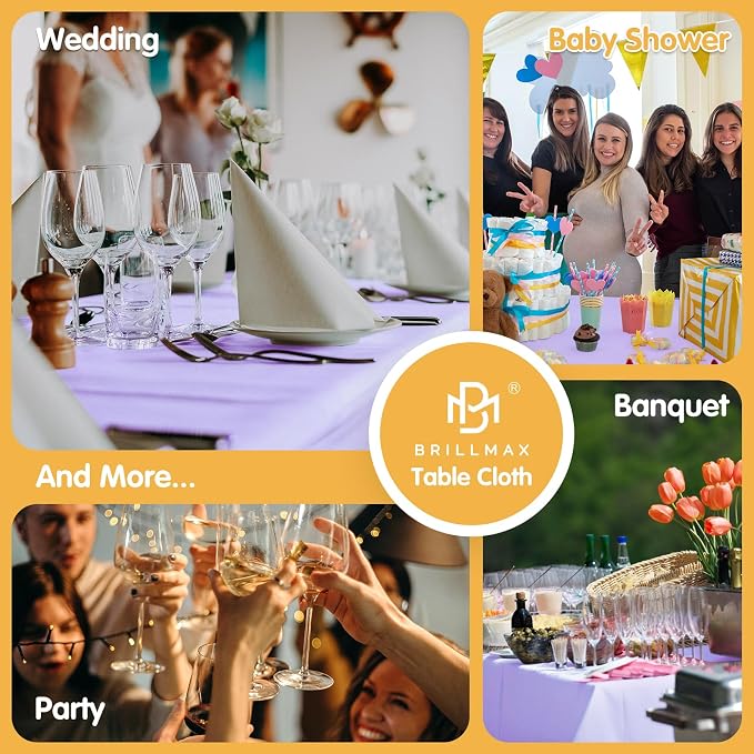 BRILLMAX 6 Pack Lavender Tablecloths 60 x 126 Inch for 8ft Rectangle Tables - 150 GSM Polyester Fabric, 15" Standard Drop, Water, Stain & Wrinkle Resistant Cloth Cover for Wedding Dining Buffet