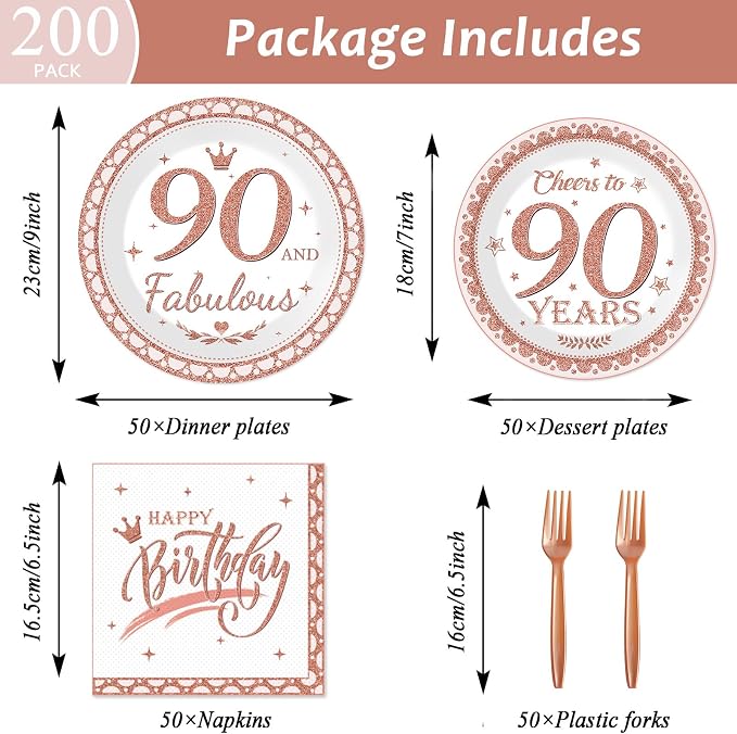 50 Guests 90th Birthday Decorations for Women, Rose Gold 90th Birthday Plates and Napkins Party Supplies 90th Year Fabulous Birthday Disposable Paper Tableware Cheers to 90 Years Dinnerware 200PCS