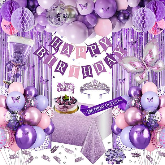 Purple Birthday Decorations, Purple Pink Party Decorations with Happy Birthday Banner, Balloons, Bday Sash, Crown, Butterfly, Tablecloth, Fringe Curtain, Honeycomb Ball for Women Girls Party Supplies