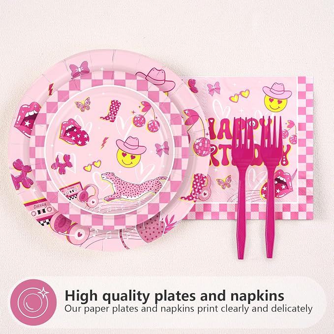 96Pcs Pink Checkered Preppy Graduation Decoration Pink Smiley Face Preppy Plates and Napkins Smile Face Y2k Tableware Set for Girls Graduation Birthday School Party Supplies Serves 24