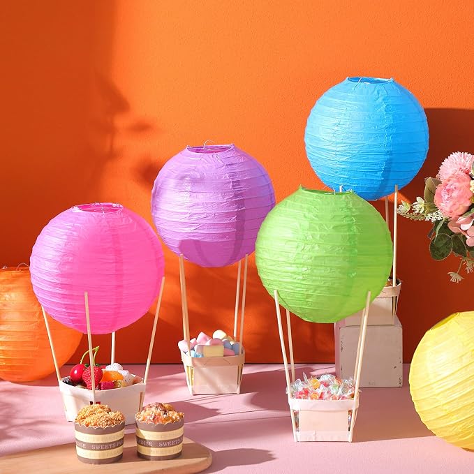Namalu 24 Set Hot Air Balloon Table Centerpieces Baby Shower Party Decoration Paper Lanterns with Wooden Basket Sticks for Summer Birthday School DIY Craft(Rainbow Color)