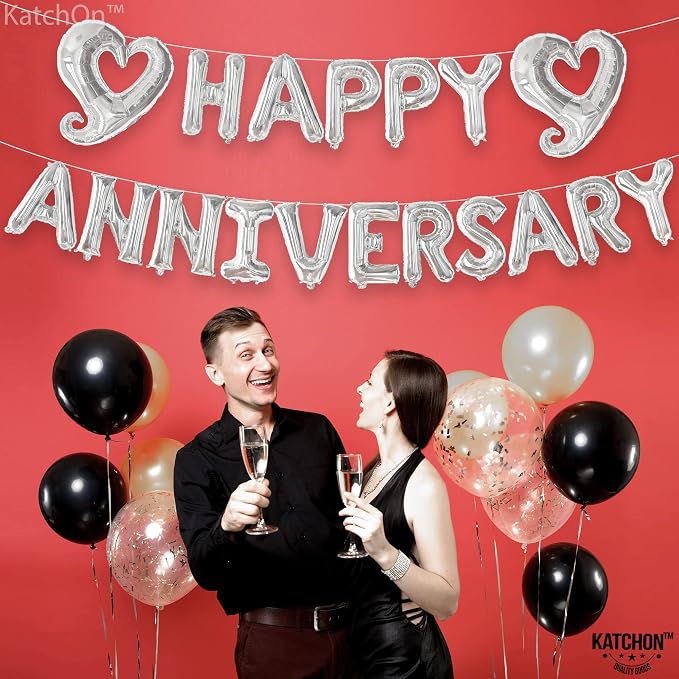 KatchOn, Silver Happy Anniversary Balloons Letters - Huge, 18 Inch | Silver Happy Anniversary Balloon Banner | 1000 Pcs Artificial Red Rose Petals - Silk, Fake Rose Petals for Romantic Night