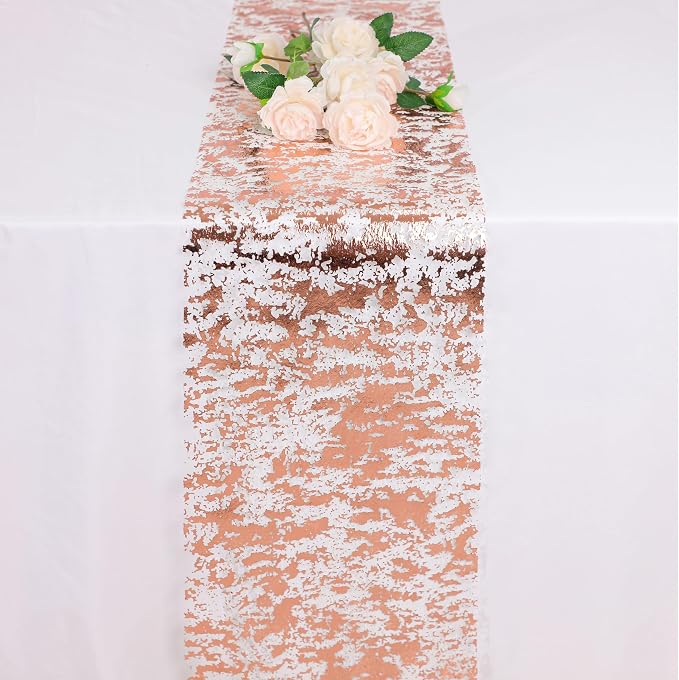 Snowkingdom Rose Gold Table Runner 11 Inch x 49 Feet Glitter Sequin Metallic Pink Thin Mesh Runner Sparkly Rose Table Decorations for Wedding, Bridal Shower, Baby Shower Birthday Party