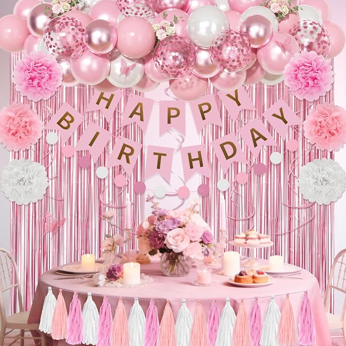 Pink Birthday Party Decorations, Pink and White Pearl Confetti Foil Balloons Happy Birthday Banner Fringe Curtain Butterfly Hanging Swirls Circle Dots Tassels Pompoms for Women Girls Party Supplies