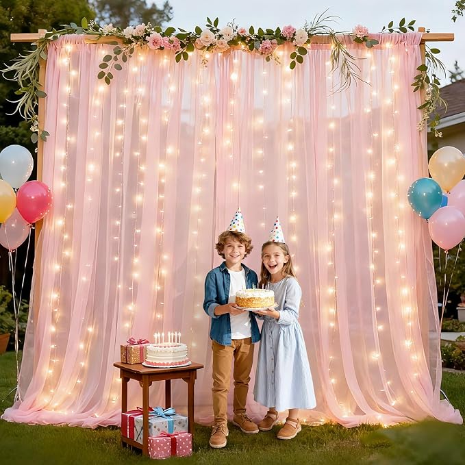 Ledido 3 Pack 10×10ft Pink Tulle Backdrop Curtains with Lights String - 900LED Fairy Lights Sheer Curtain Backdrop for Wedding Baby Shower Photo Shoot Birthday Party Decoration(6 Panels 5×10ft)，Pink