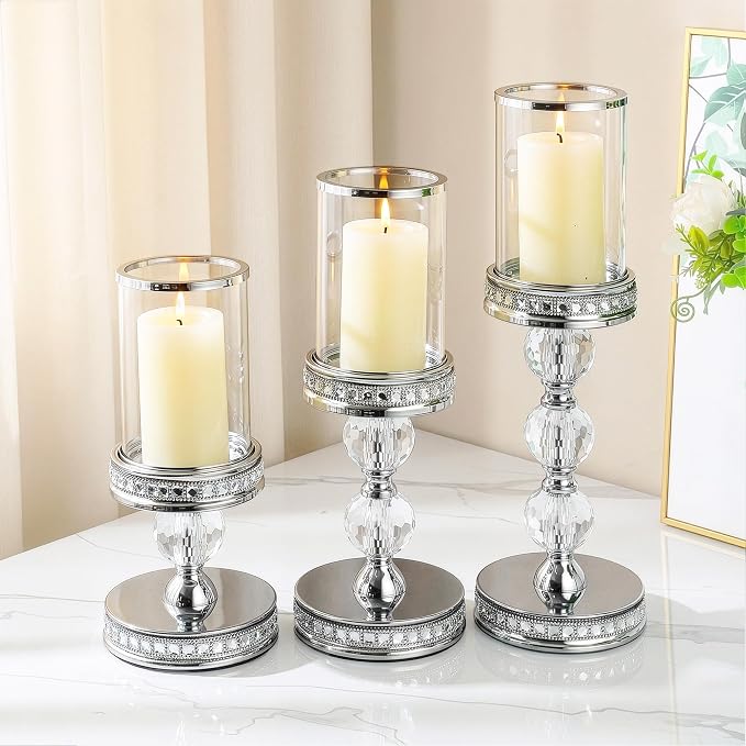 10" Tall Hurricane Candle Holder, Pillar Candle Holders with Glass Sleeve with Gift Box, Crystal Candle Stands for Home Warming, Weddiing, Dining Room Decor, Table Centerpiece (2, Silver, S)