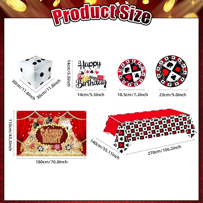 175Pcs Casino Party Decorations Set, with Plates Cup Tableware, Casino Backdrop, Foil Balloons, Balloons Stand, Birthday Banner, Cake Topper, for Las Vegas Poker Casino Night Party Supplies