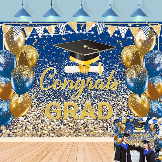 2026 Graduation Backdrop Blue Gold Congrats Grad Bachelor Cap Balloon Prom Send Off Photography Background School Celebration Class of 2026 Party Decor Banner Photo Props (Blue Gold, 7x5FT)