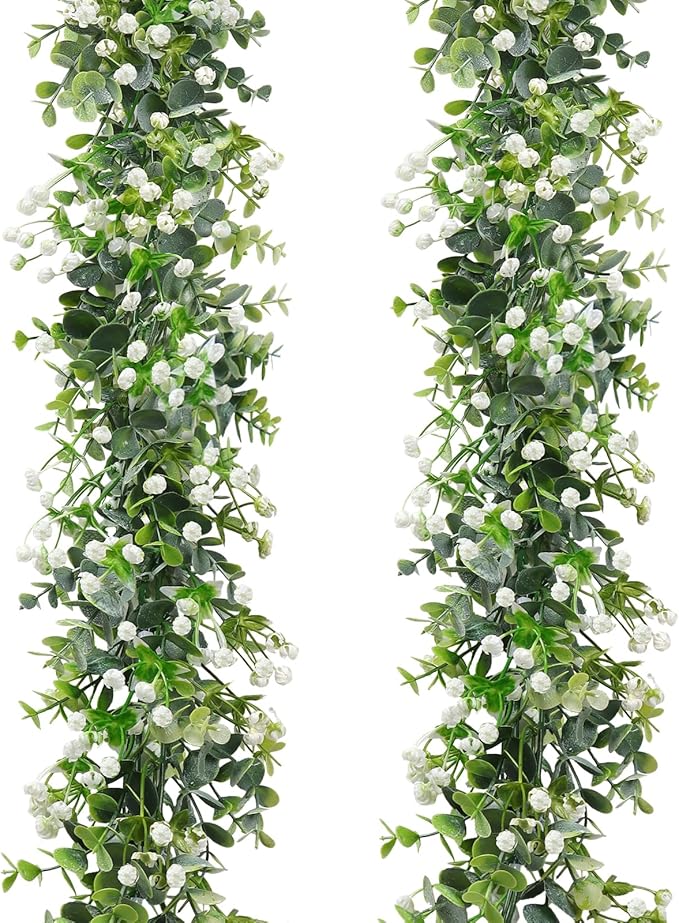 SOMYTING Faux Eucalyptus Garland 2 Pack Fake Vines Hanging Eucalyptus Babys Breath Greenery Garland Spring Garland for Mantle Table Wedding Backdrop Arch Party Wall Decor (2PCS)