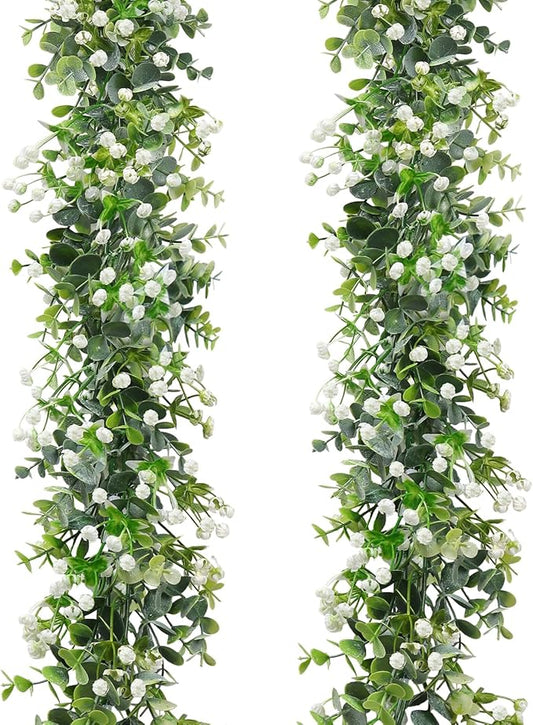 SOMYTING Faux Eucalyptus Garland 2 Pack Fake Vines Hanging Eucalyptus Babys Breath Greenery Garland Spring Garland for Mantle Table Wedding Backdrop Arch Party Wall Decor (2PCS)