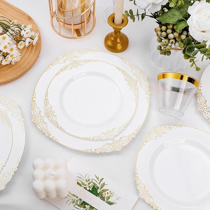 Bestluck 100 PCS White and Gold Plastic Plates for 50 Guests, Gold Disposable Plates Include 50 PCS Dinner Plates, 50 PCS Dessert Plates for Party, Wedding and Graduation