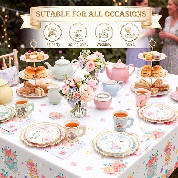 Yungyan 97 Pcs 24 Guests Tea Birthday Party Supplies Disposable Tableware Set 9 oz Paper Cups with Handle 7" 9" Paper Plate Napkin Tablecloth for Party Wedding Baby Shower (Elegant Style)