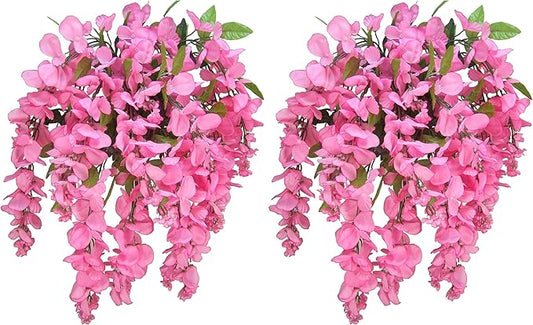 Admired by Nature 2pcs of 15 Stem Artificial Flowers Wisteria Hanging Plants Flowers for Outdoor, Fake Hanging Plant Baskets for Home Decor Wedding Garden Cemetery Flowers for Grave, Pink