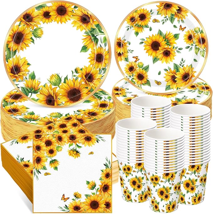 Ziliny 250 Pcs Sunflower Party Decorations Include Sunflower Paper Plates Napkins and Cups for Birthday Wedding Baby Shower Bridal Shower Tea Decorations, Serve 50 Guest