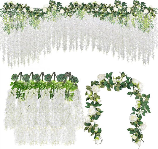 39.36ft 6 Pcs White Flower Garland 36 Pcs 3.6ft Wisteria Hanging Artificial Flowers White Fake Bushy Silk Vines Rose Floral Garland for Wedding Party Arch Garden Decorations Outdoor Wall Decor