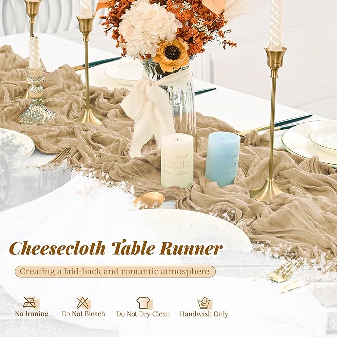 12 Pack Light Brown Cheesecloth Table Runner, 10FT Long Romantic Semi Sheer Cheesecloth Rustic Boho Table Runner for Wedding Baby Shower Birthday Bridal Party Decorations(21.5×120 Inch)