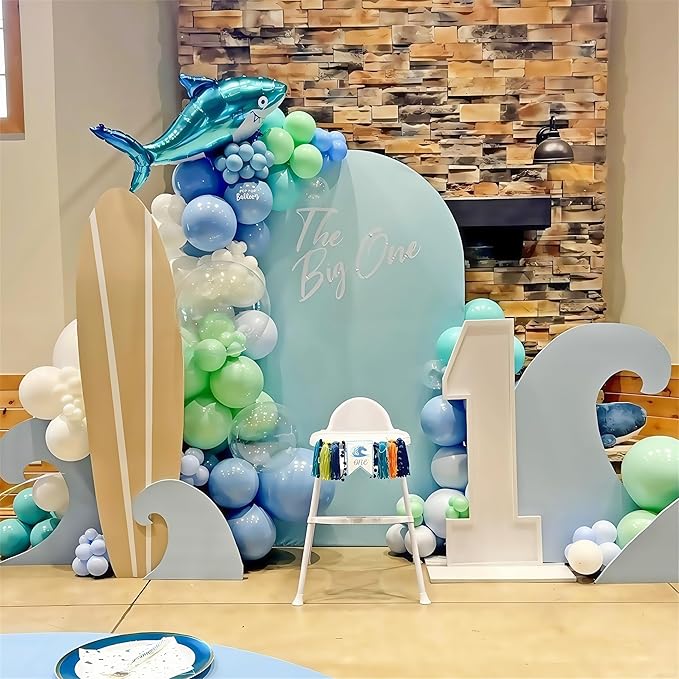 Under the Sea Balloons Garland Arch Kit, 123pcs Dusty Blue Teal Pastel Green Metallic Blue Green Ocean Balloon with Transparent Balloons for Shark Baby Shower Sea Animal Birthday Party Decorations