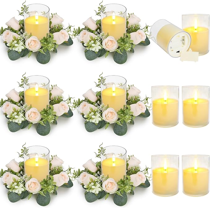 12 PCS Candle Rings with LED Flameless Candles, 3 Inch Artificial Rose Wreaths Eucalyptus Leaves for Table Centerpieces Home Wedding Party Decor, Champagne, 6 Sets